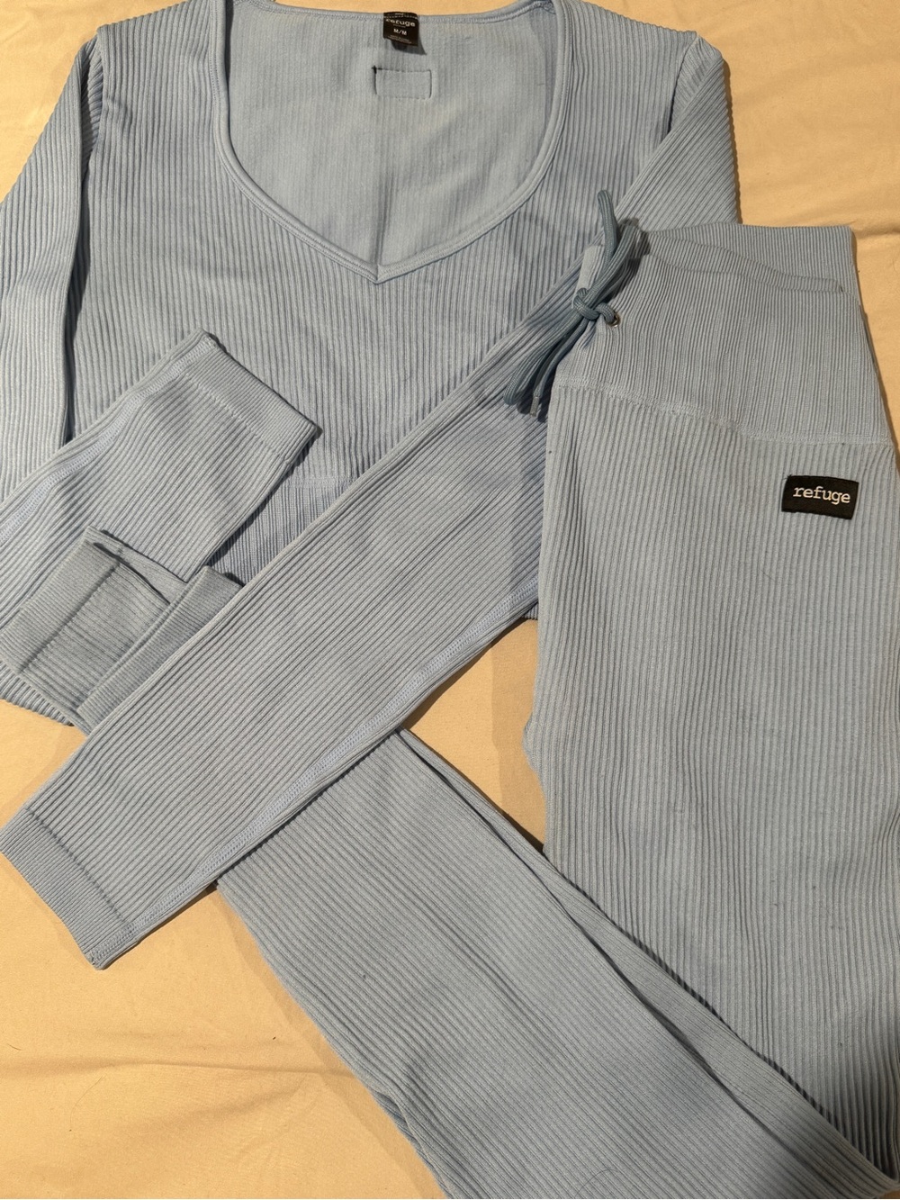 refuge Soft Ribbed Light Blue Lounge Set - V-Neck Top & Drawstring Pants